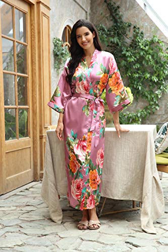 Womens Silk Kimono Robe Long Floral Bridesmaids Robe Satin Wedding Party Bridal Robe Dressing Gown Loungewear