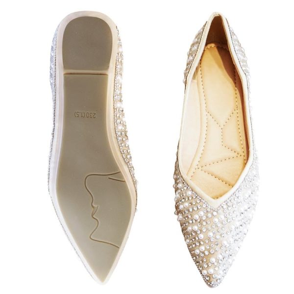 Women's Rhinestone Flats Fashion Pointed Toe Pearl Diamond Low Heel Dress Wedding Flats Work Business Casual Flats Shoes