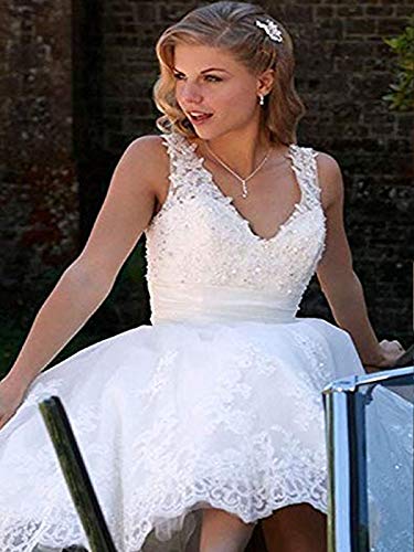 Short Lace Wedding Dresses Knee Length Travel Tulle Rhinestones V-Neck Lace Up Bride Gowns Vintage Dress