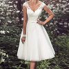 Short Lace Wedding Dresses Knee Length Travel Tulle Rhinestones V-Neck Lace Up Bride Gowns Vintage Dress