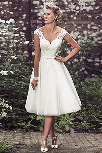 Short Lace Wedding Dresses Knee Length Travel Tulle Rhinestones V-Neck Lace Up Bride Gowns Vintage Dress