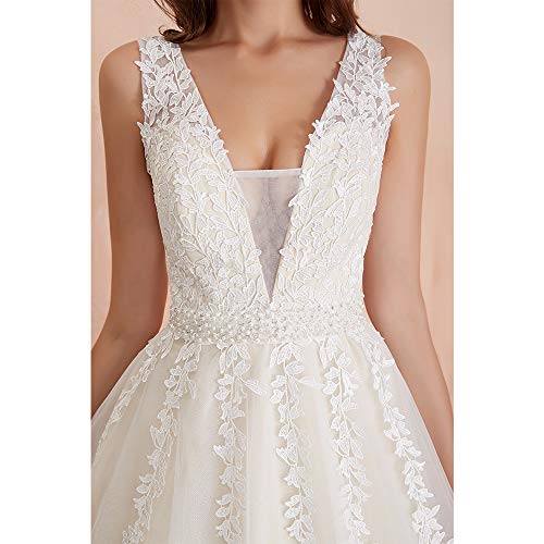 Women's Wedding Dress for Bride Lace Applique Evening Dress V Neck Straps Ball Gowns