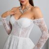 Women's Elegant Off-Shoulder Wedding Dress with French Lace Long Sleeves Floor-Length A-Line Bridal Gown for Engagement