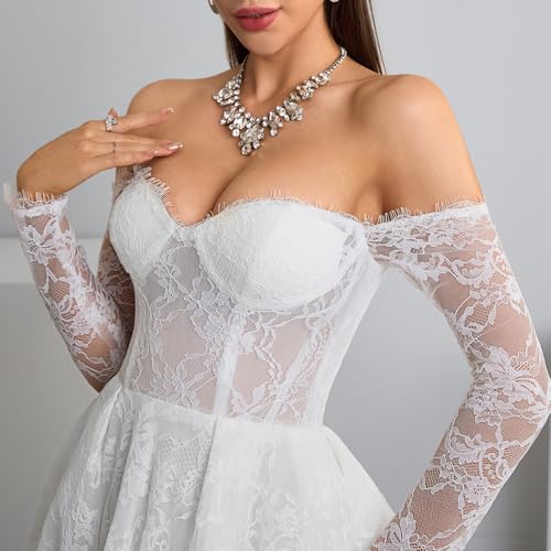 Women's Elegant Off-Shoulder Wedding Dress with French Lace Long Sleeves Floor-Length A-Line Bridal Gown for Engagement
