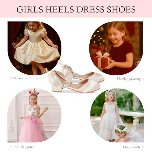 Girls Dress Shoes High Heels Sandals Decorative Pearls Ankle Strap Flower Girl Little Big Kid Mary Jane Wedding Party Communion