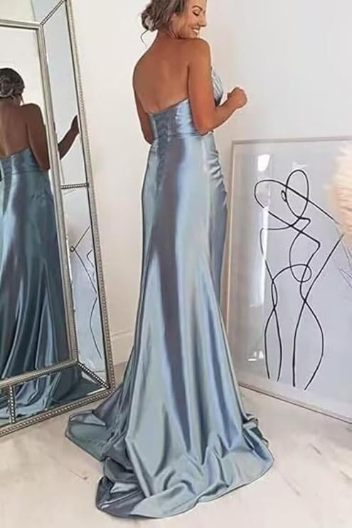 Satin Bridesmaid Dresses Strapless Prom Dresses Long Pleated Mermaid Formal Party Dress with Slit UU29