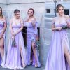 Women's Off The Shoulder Bridesmaid Dresses with Slit Satin Formal Gowns Long Prom Evening Party Dress with Pockets