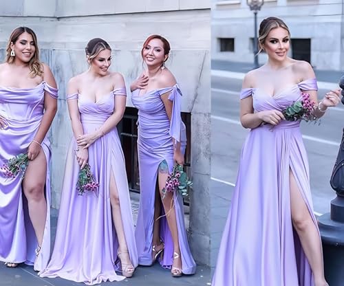 Women's Off The Shoulder Bridesmaid Dresses with Slit Satin Formal Gowns Long Prom Evening Party Dress with Pockets