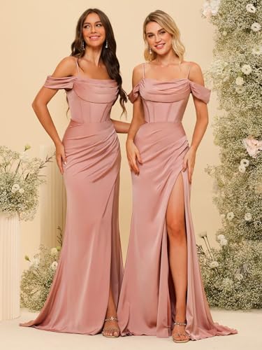 Long Satin Bridesmaid Dresses with Silt 2025 Mermaid Formal Dress PU070