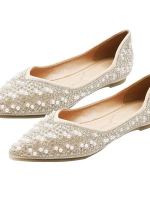 Women's Rhinestone Flats Fashion Pointed Toe Pearl Diamond Low Heel Dress Wedding Flats Work Business Casual Flats Shoes