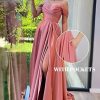 Women's Off The Shoulder Bridesmaid Dresses with Slit Satin Formal Gowns Long Prom Evening Party Dress with Pockets