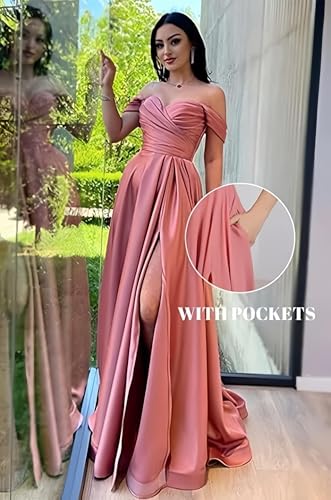 Women's Off The Shoulder Bridesmaid Dresses with Slit Satin Formal Gowns Long Prom Evening Party Dress with Pockets