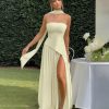 Women Strapless Patchwork Maxi Dress Sexy High Slit Tube Top Party Club with Scarf Long Prom Wedding Guest Dresses