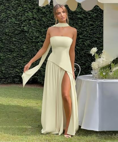 Women Strapless Patchwork Maxi Dress Sexy High Slit Tube Top Party Club with Scarf Long Prom Wedding Guest Dresses