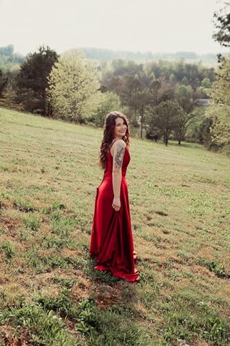Bridesmaid Dresses with Slit Satin A Line Spaghetti Strap Formal Prom Evening Party Gown with Pocket 023