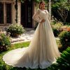 V-Neck A-Line Wedding Dress with Long Lace Sleeves Bodice & Chiffon/Satin Elegant Boho Bridal Gown for Church Ceremony
