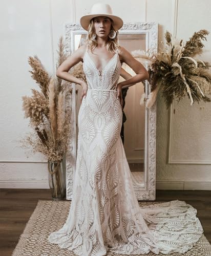 Women's Boho Lace Wedding Dress Removable Cold Sleeves V Neck Sheath Long Casual Bridal Gowns
