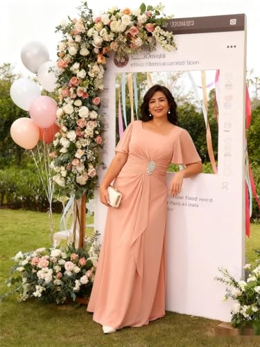 Women's Chiffon Mother of The Bride Dresses with Sleeves V Neck A Line Formal Evening Dress VS164N