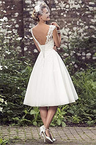 Short Lace Wedding Dresses Knee Length Travel Tulle Rhinestones V-Neck Lace Up Bride Gowns Vintage Dress