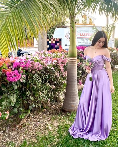 Women's Off The Shoulder Bridesmaid Dresses with Slit Satin Formal Gowns Long Prom Evening Party Dress with Pockets