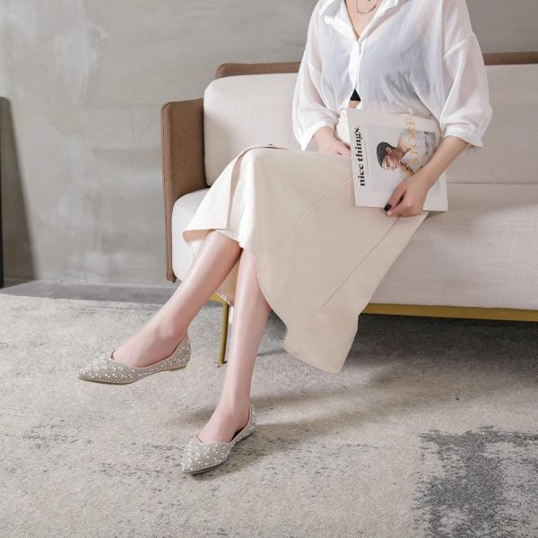 Women's Rhinestone Flats Fashion Pointed Toe Pearl Diamond Low Heel Dress Wedding Flats Work Business Casual Flats Shoes
