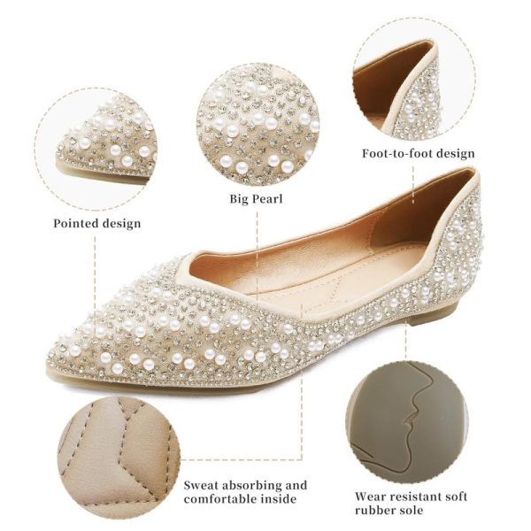 Women's Rhinestone Flats Fashion Pointed Toe Pearl Diamond Low Heel Dress Wedding Flats Work Business Casual Flats Shoes