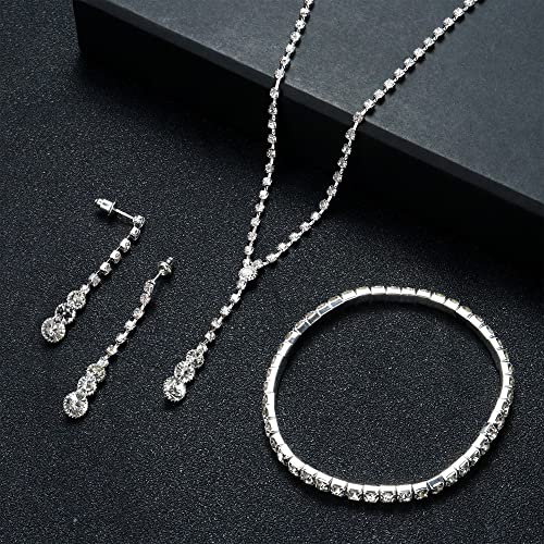 Silver Bridal Jewelry Set Rhinestone Necklace Bracelet Dangle Earrings for Bride Bridesmaid Teardrop Pendant Crystal Wedding