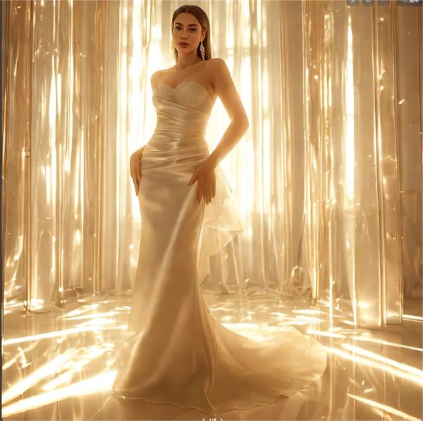 Off Shoulder Satin Wedding Dress Sleeveless – Lightweight Engagement Bridal Gown with Train for Summer Wedding