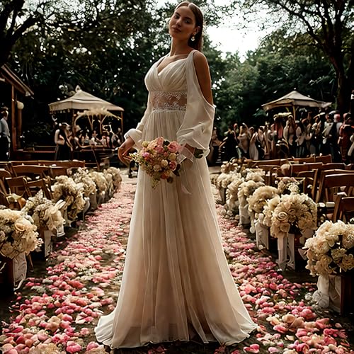 Women Boho Strap Lace Wedding Dress Long Sleeves Dress A-Line Bridal Gown with Adjustable Straps Formal Dress for Engatement