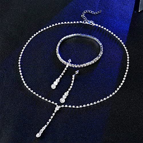 Silver Bridal Jewelry Set Rhinestone Necklace Bracelet Dangle Earrings for Bride Bridesmaid Teardrop Pendant Crystal Wedding